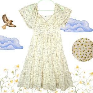 In Loom Floral Tiered Midi Dress‎ Prairie Romantic Sz Medium White & Yellow